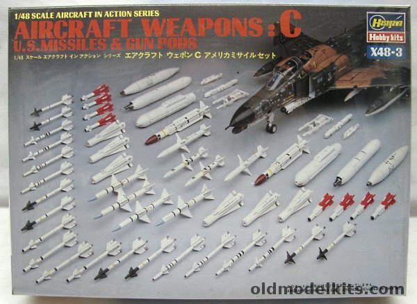 Hasegawa 1/48 Aircraft Weapons C  US Missiles and Gun Pods - AIM-9B(4)/AIM-9D(4)/AIM-9E(4)AIM-9J(4)/AIM-9L(4)/AIM-7F(4)/AIM-4D(4)/AIM-4G(4)/AGM-65(6)/AIM-45(2)/AGM-88(2)/AGM-78(2)/SUU-23A(2)/MK 4(2)/SPU-5/A(2)/LAU-88A(2)/Aero 7A-1(2)/Aero-5A-1(2), 3 plastic model kit